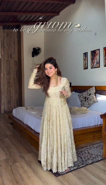 Embroidery Detailed Fully Stitched Ready-to-Wear Gown and Dupatta Set in Crunchy Silk