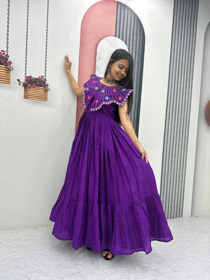 Trendy Hand-Embroidered Roman Fabric Gown with Soft Micro Cotton Lining, Fully Stitched, Available in Sizes M to XL and Beyond