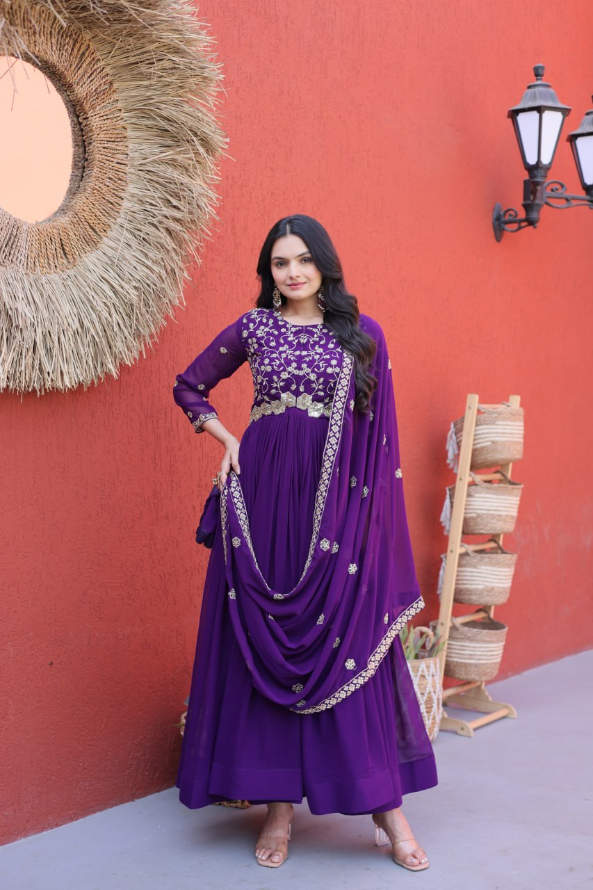 Elegant Gown and Dupatta Set with Embroidered Faux Blooming Fabric by RangBhoomi