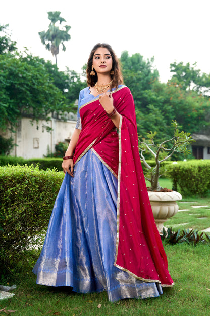 RangBhoomi Exclusive Kanchipuram Silk Lehenga Set with Zari Weaving and Embroidered Vichitra Silk Dupatta
