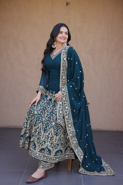 RangBhoomi Premium Readymade Gown with Pant & Dupatta Set - Embroidered Faux Blooming Festive Ensemble