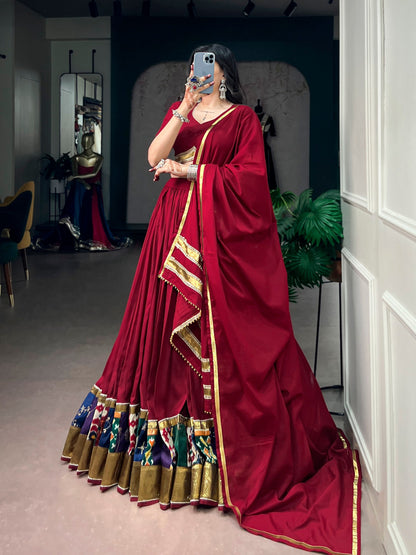 RangBhoomi Navratri Rayon Lehenga — Multicolour Printed Border with Embossed Lace