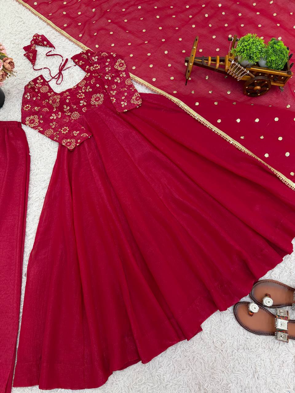 RangBhoomi Women's Elegant Ethnic Wear Set with Silk Gown, Pants, and Embroidered Dupatta