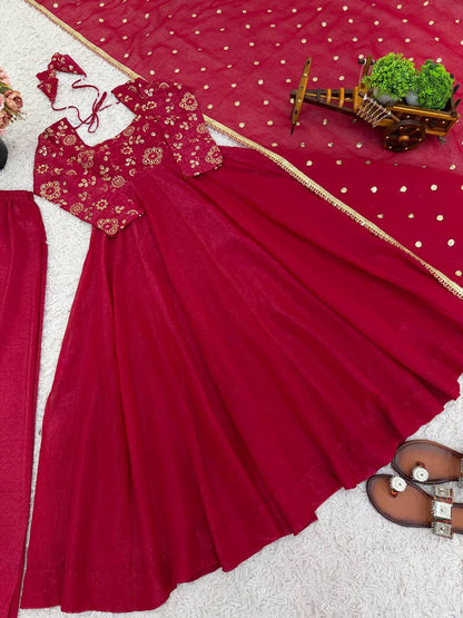 RangBhoomi Women's Elegant Ethnic Wear Set with Silk Gown, Pants, and Embroidered Dupatta