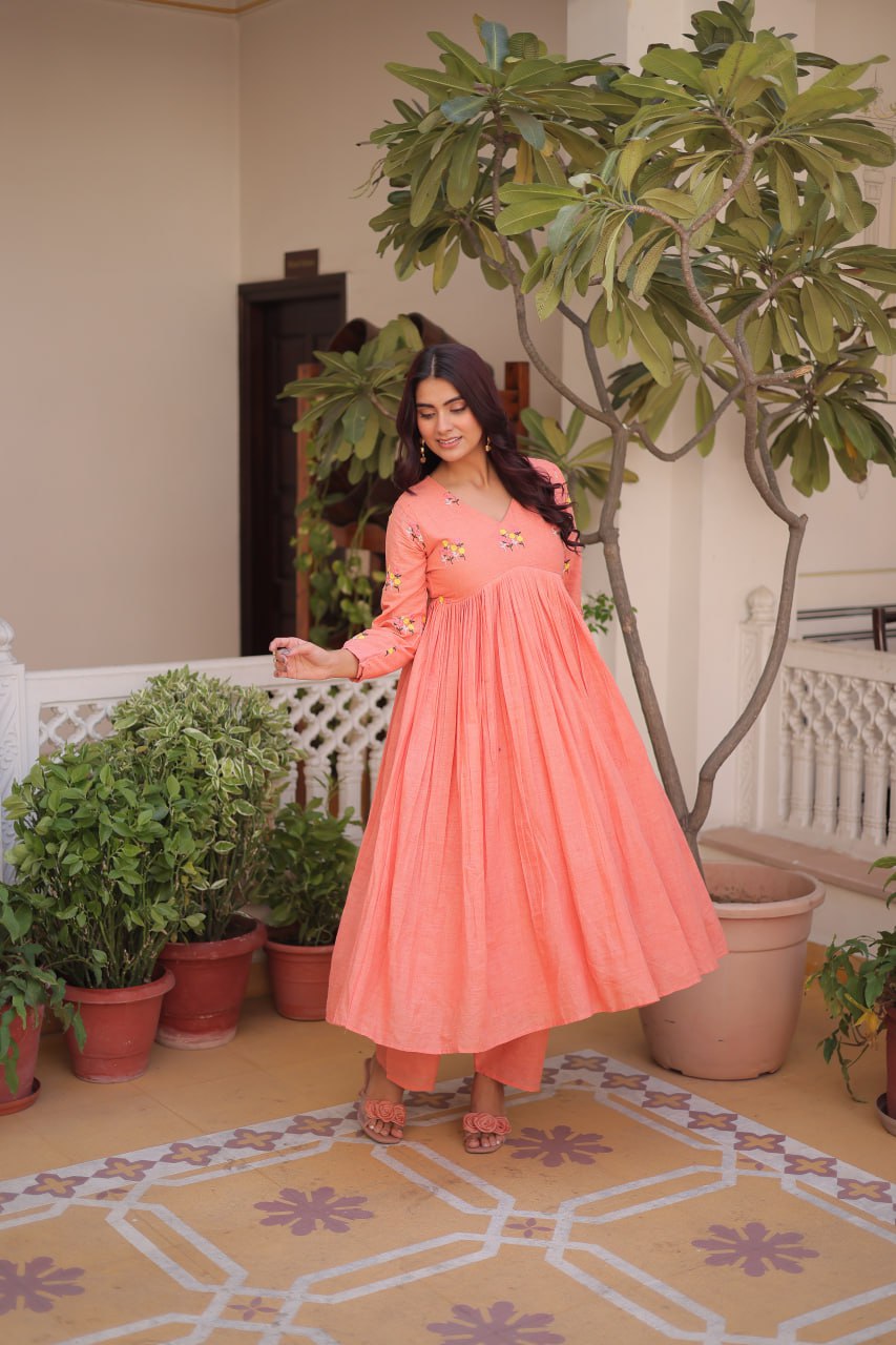 Premium Ready-to-Wear Embroidered Cotton Kurti with Matching Cotton Pants