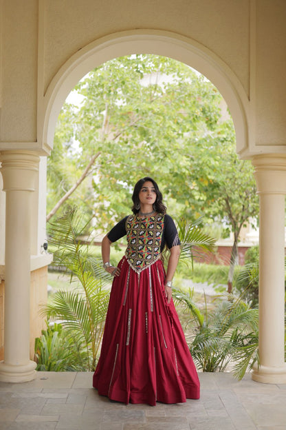 RangBhoomi Navratri Reflective Rayon Lehenga Set with Mirror & Gota Lace (Black, Maroon, White)