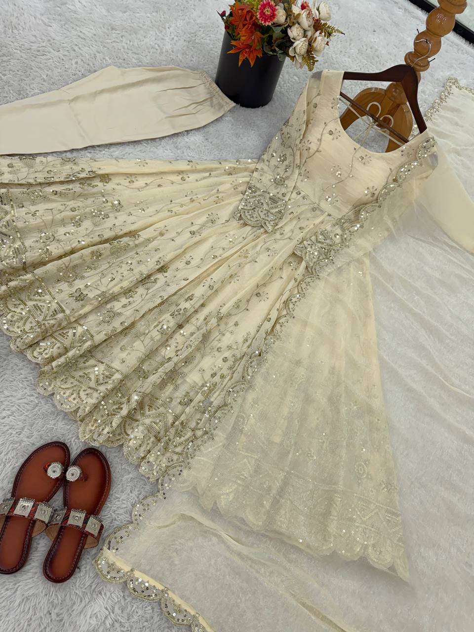 Embroidery Detailed Fully Stitched Ready-to-Wear Gown and Dupatta Set in Crunchy Silk