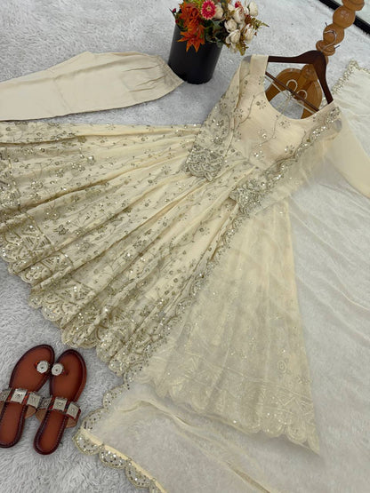 Embroidery Detailed Fully Stitched Ready-to-Wear Gown and Dupatta Set in Crunchy Silk