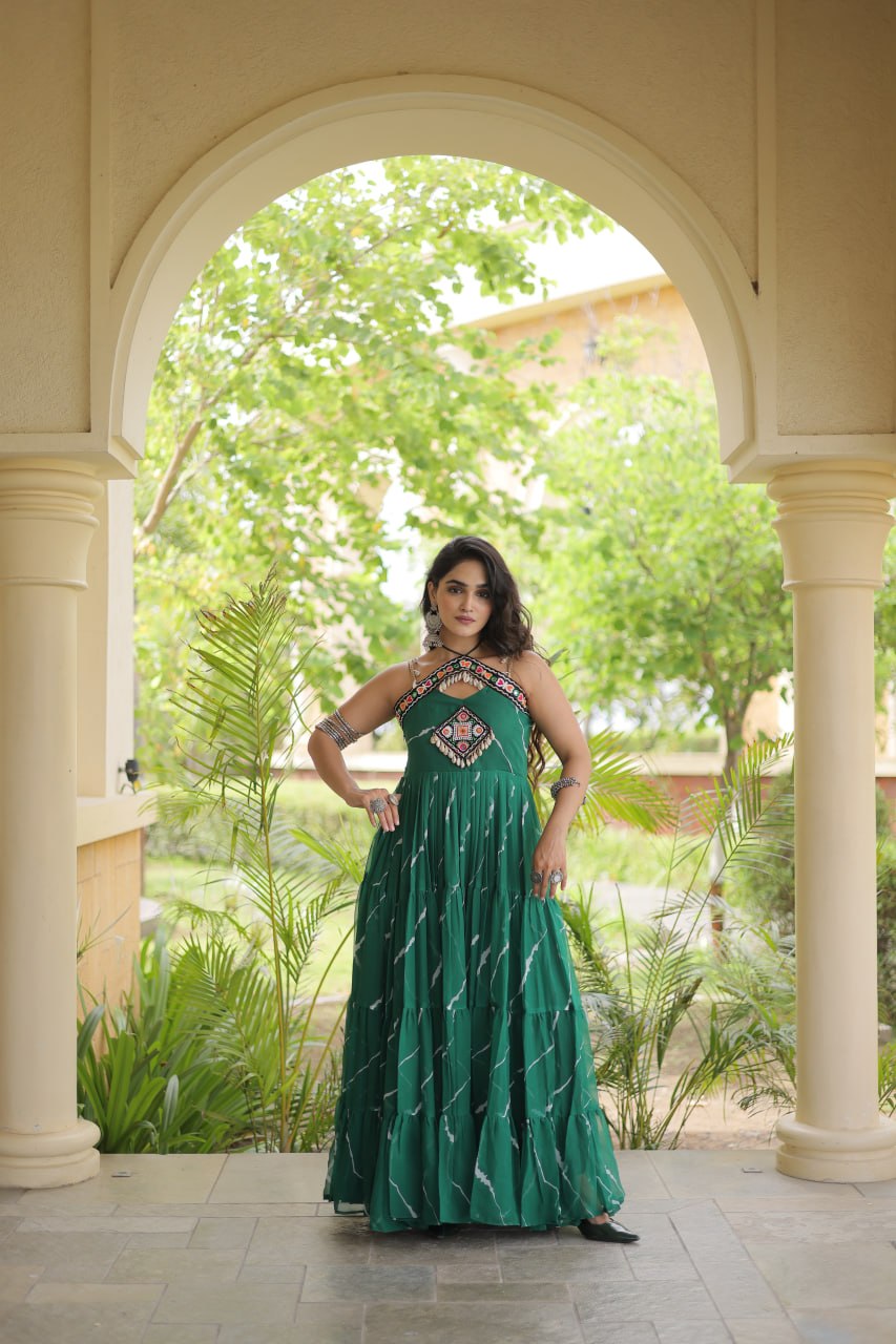 RangBhoomi Navratri Laheriya Patchwork Faux Georgette Gown - Sleeveless 56" Length, L (Adjustable 38-44)