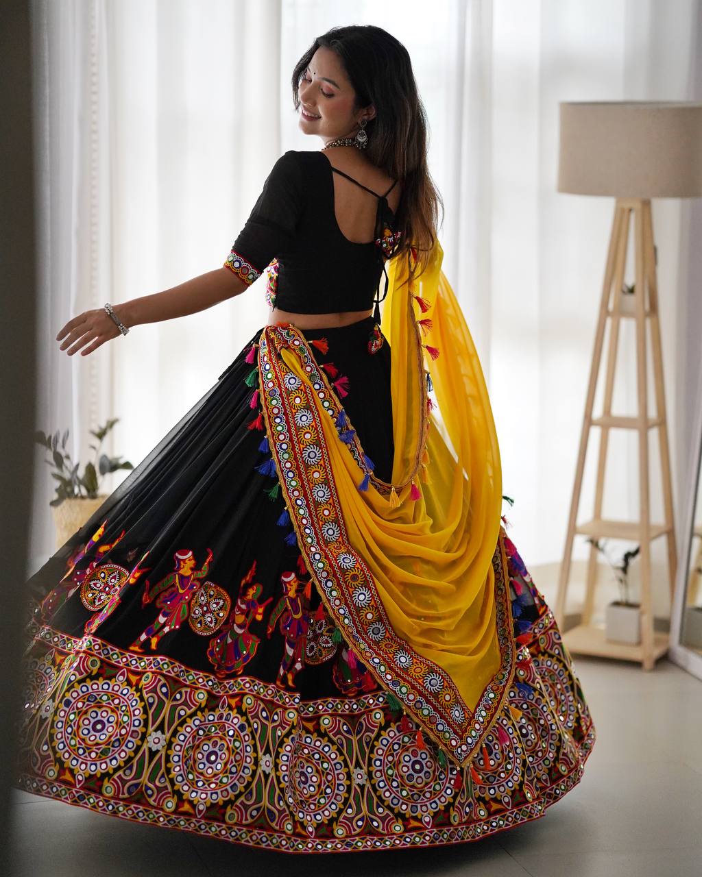 RangBhoomi Elegant Faux Georgette Mirror-Work Lehenga Set for Festive Celebrations