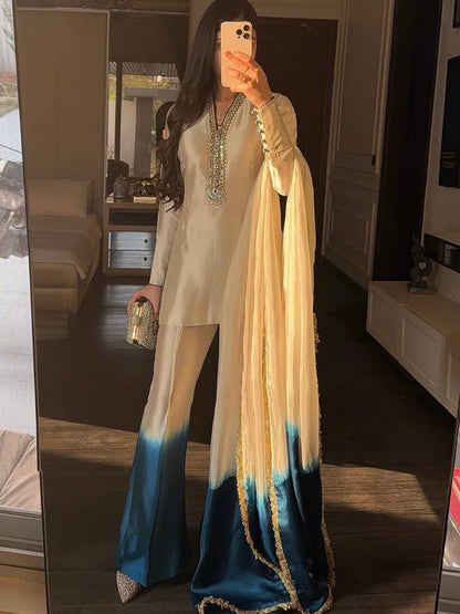 Launching New Designer Party Wear Look Pure Roman Glass Top & Elegant Palazzo with Dupatta Set