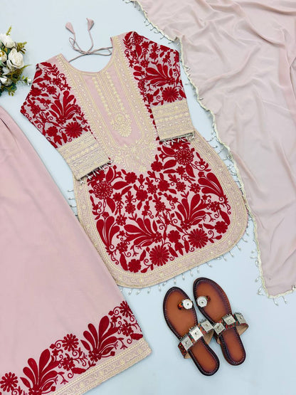 RangBhoomi Designer Party Top, Palazzo & Dupatta Set with Heavy Embroidery