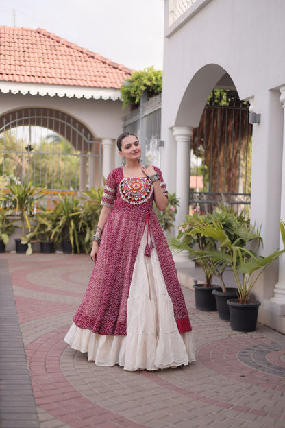 RangBhoomi Navratri 2026 Bandhani Lehenga Set — Full-Stitched Kora Cotton Lehenga with Faux Georgette Kurti
