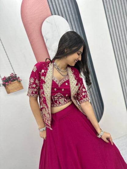 RangBhoomi Festival Special Embroidered Chinon Crop Top Set with Lehenga and Jacket