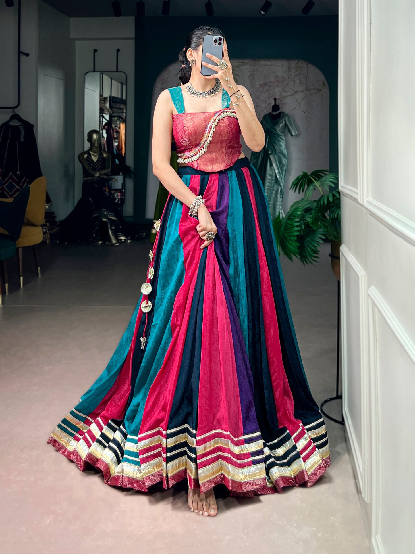 RangBhoomi Navratri Collection 2026 Multicolor Chinon Lehenga with Zari Blouse & Tassel Details