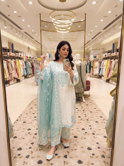 Elegant Party Wear Set Featuring Premium Roman Glass Embroidered Top with Fancy Bell Sleeves and Stylish Palazzo Pants with Dupatta