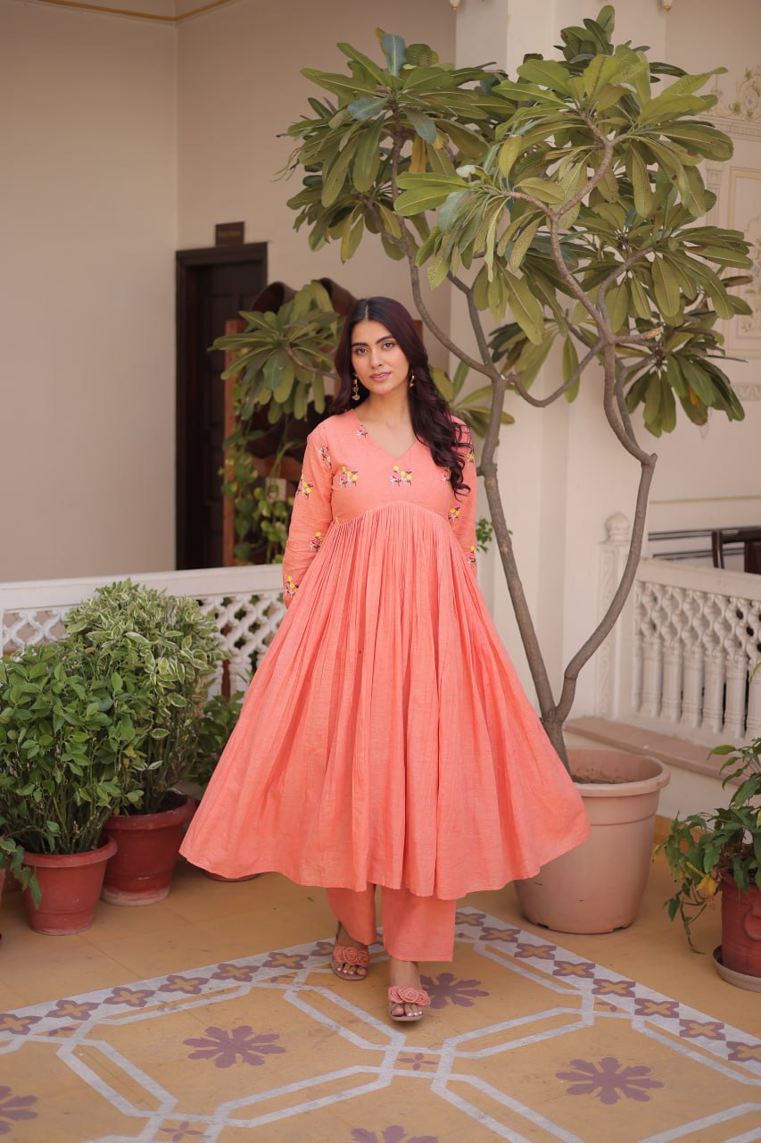 Premium Ready-to-Wear Embroidered Cotton Kurti with Matching Cotton Pants