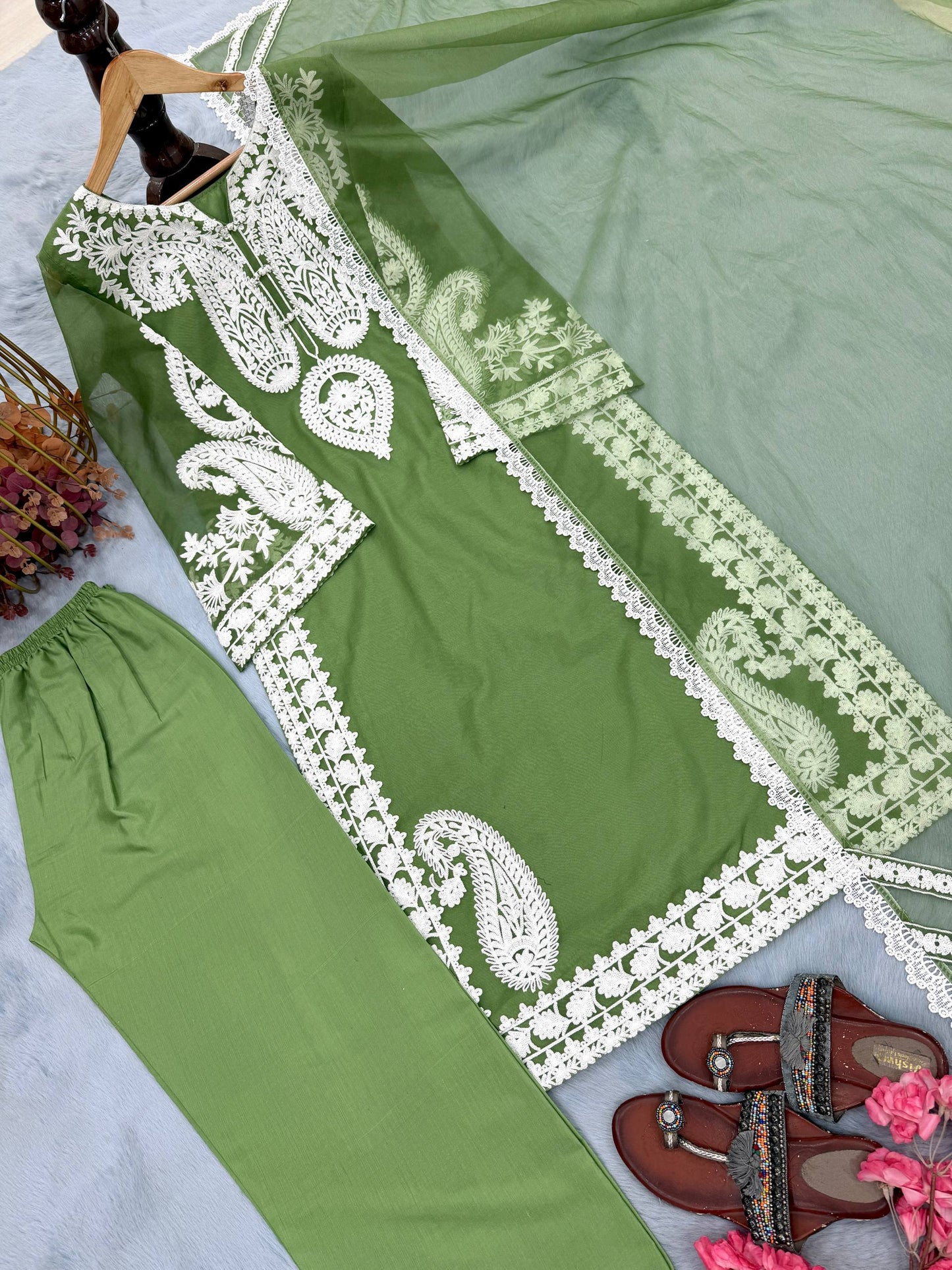 Elegant Designer Party Wear Set with Pure Soft Nylon Organza Silk Top, Palazzo Pants & Dupatta