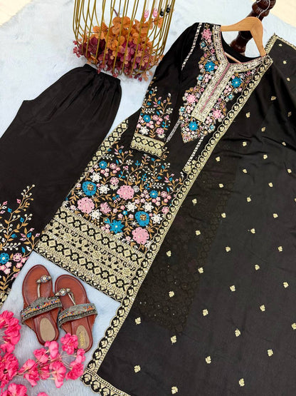 Exclusive New Designer Party Wear Pur Gimmy Chu Top, Palazzo & Dupatta Set for Elegant Celebrations