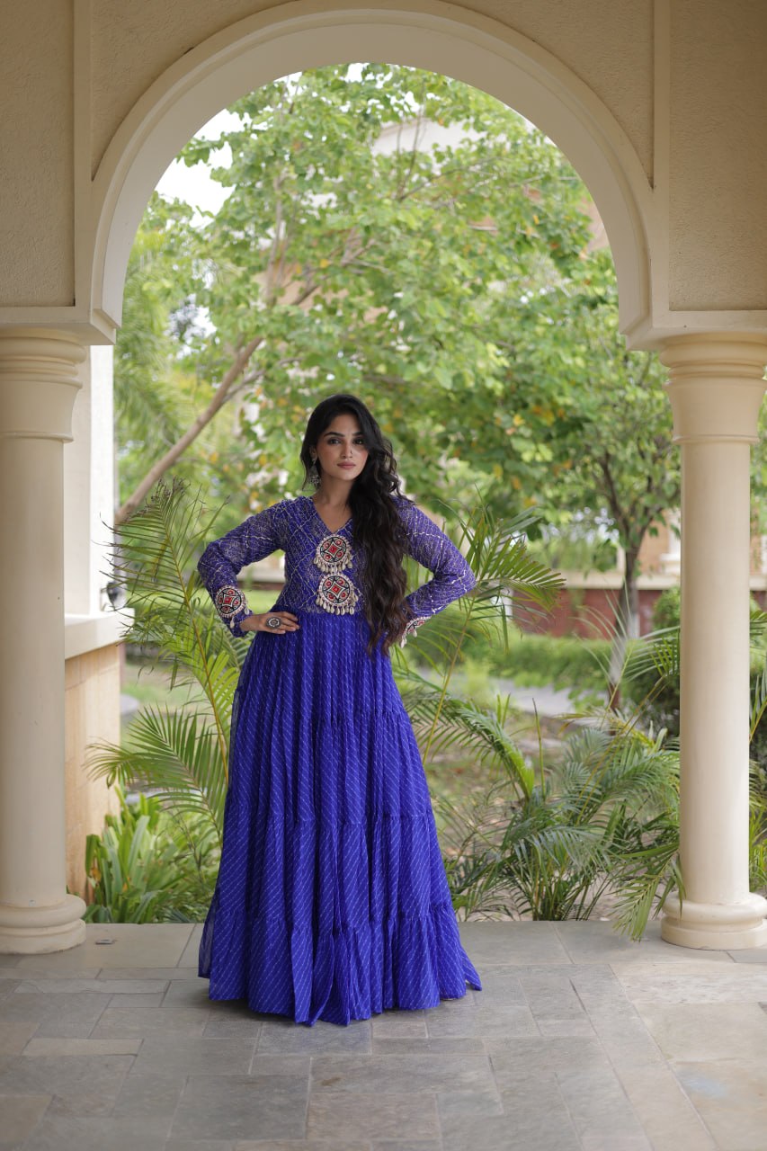 RangBhoomi Navratri Gown 2026 – Laheriya Print with Kutchi Patchwork, Faux Georgette Lined Cotton, Full Sleeve, 56 Inch Length