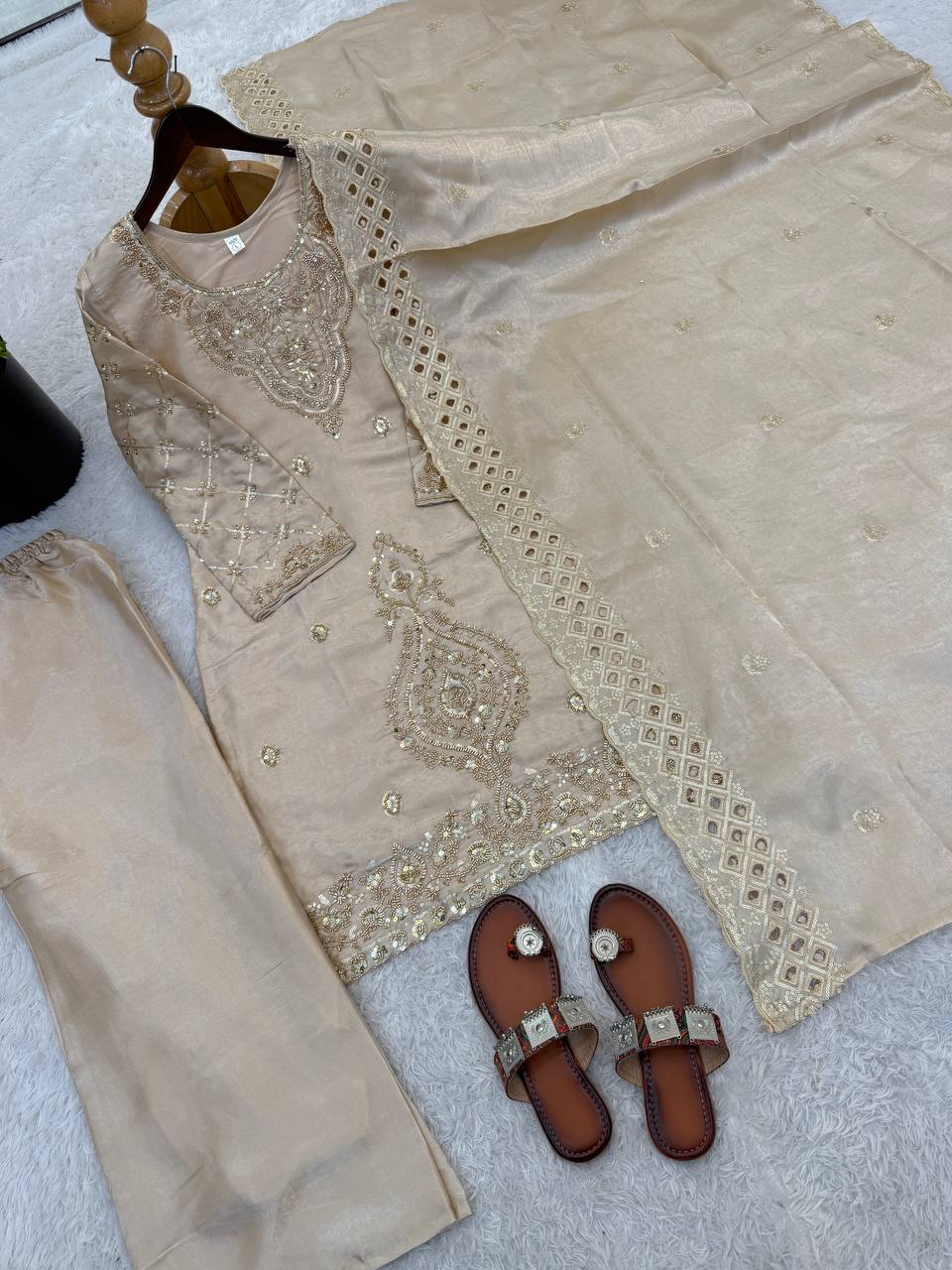 Elegant Designer Party Wear Top, Palazzos, and Dupatta Set with Intricate Heavy Embroidery and Beaded Detailing