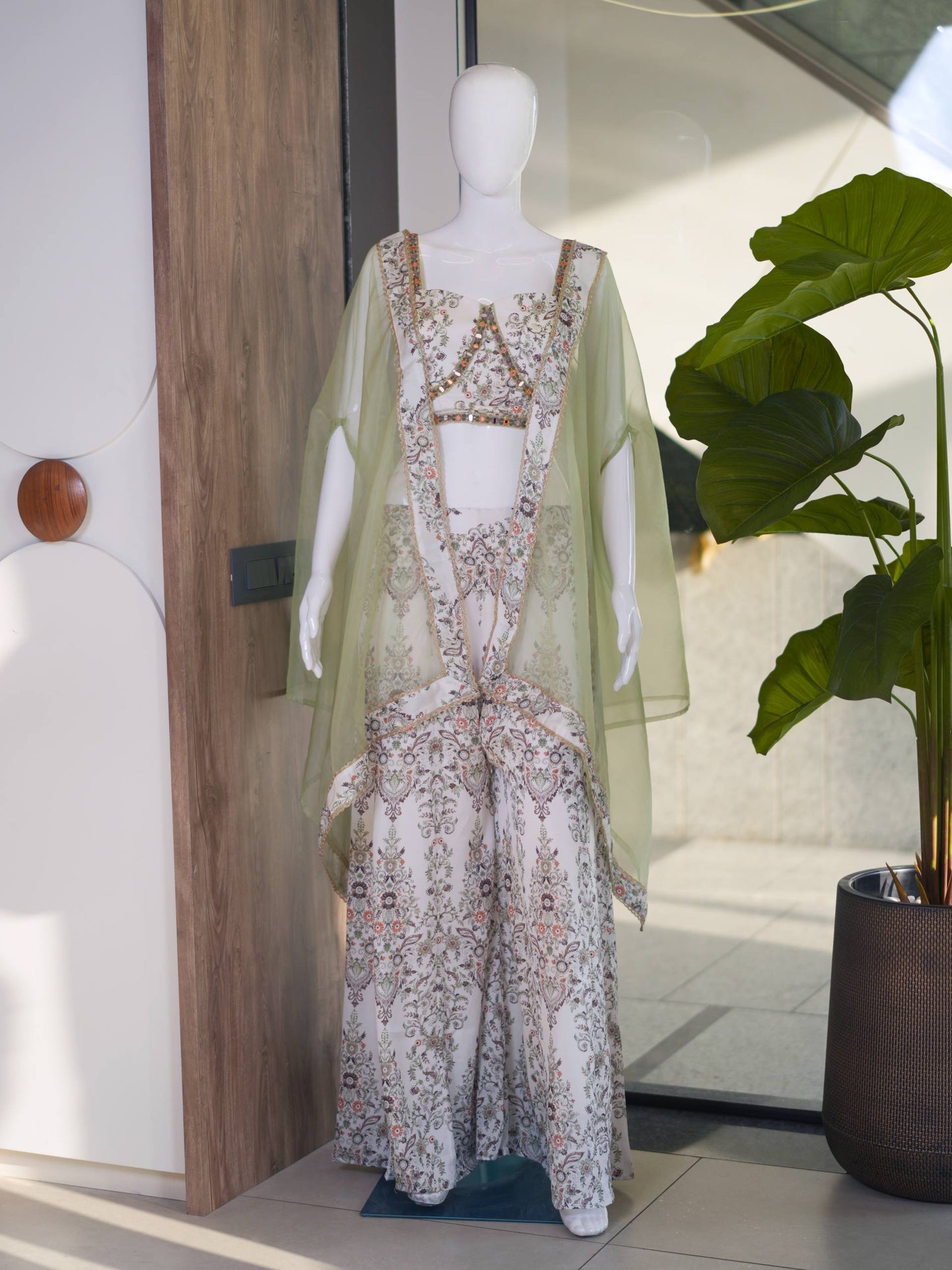 RangBhoomi Designer Indo-Western Luxury Edit — Floral Printed French Crepe Top with Palazzo & Organza Cape