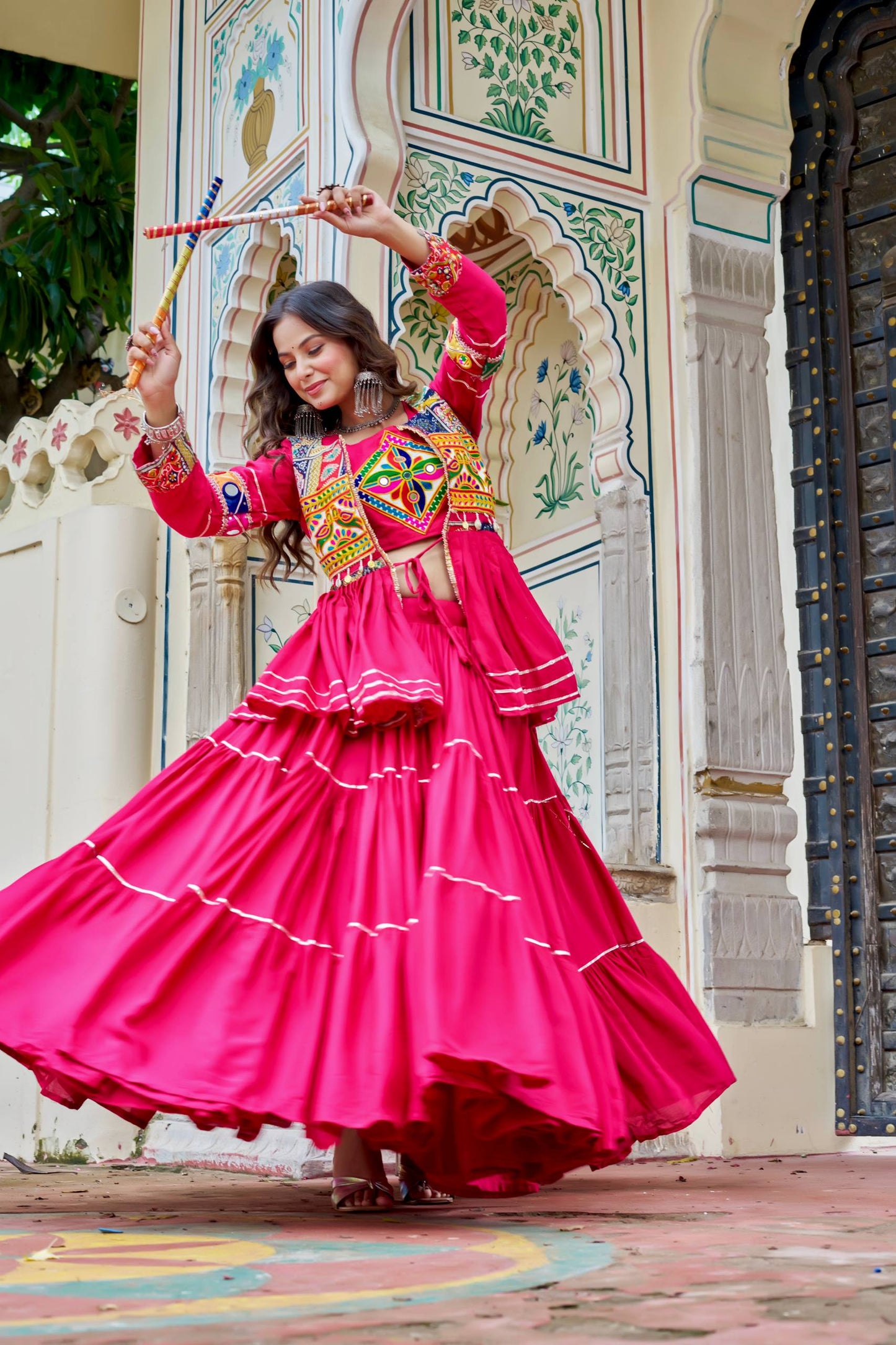 Navratri Special Gamthi Embroidery Lehenga Choli with Mirror and Ribbon Lace – Pure Cotton, Fully Stitched, 9 Meter Flair