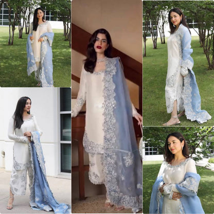 New Designer Party Wear Pure Roman Glass Embroidered Top with Fancy Palazzo and Dupatta Set