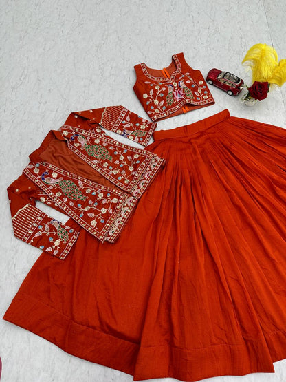 Festival Special Vichitra Silk Crop Top Lehenga Jacket Set with Heavy Thread and Sequin Embroidery by RangBhoomi