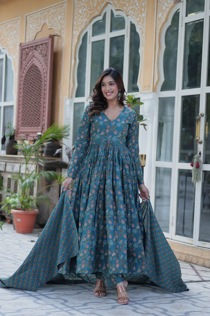 Premium Gown Set: Cotton Kurti, Pant & Dupatta