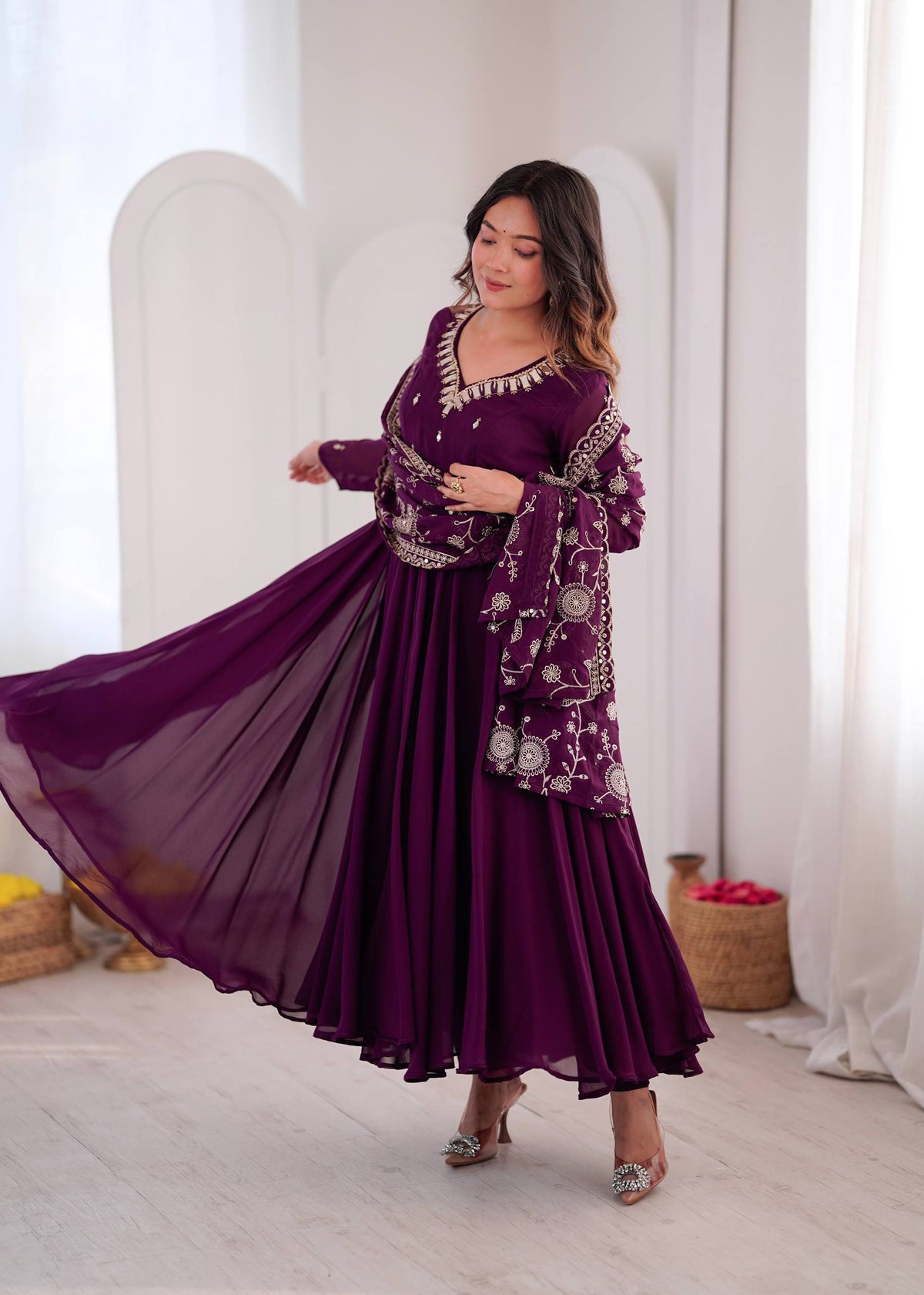 RangBhoomi Elegant Embroidered Mirror Anarkali Three-Piece Gown Set