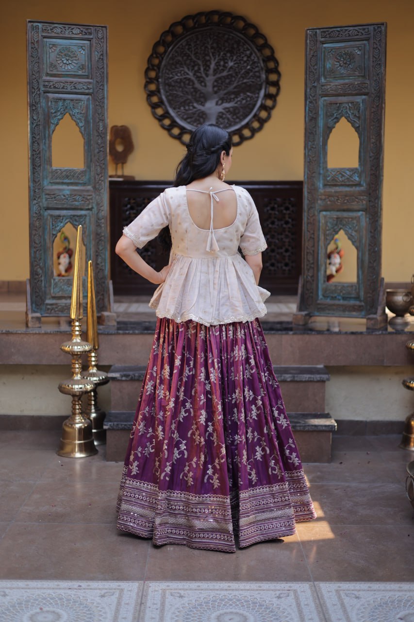 RangBhoomi Designer Dyeable Viscose Jacquard Lehenga Choli Set - Parrot & Wine