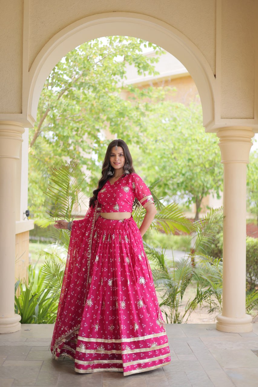 RangBhoomi Four-Color Faux Georgette Bandhej Lehenga Choli Set with Dupatta