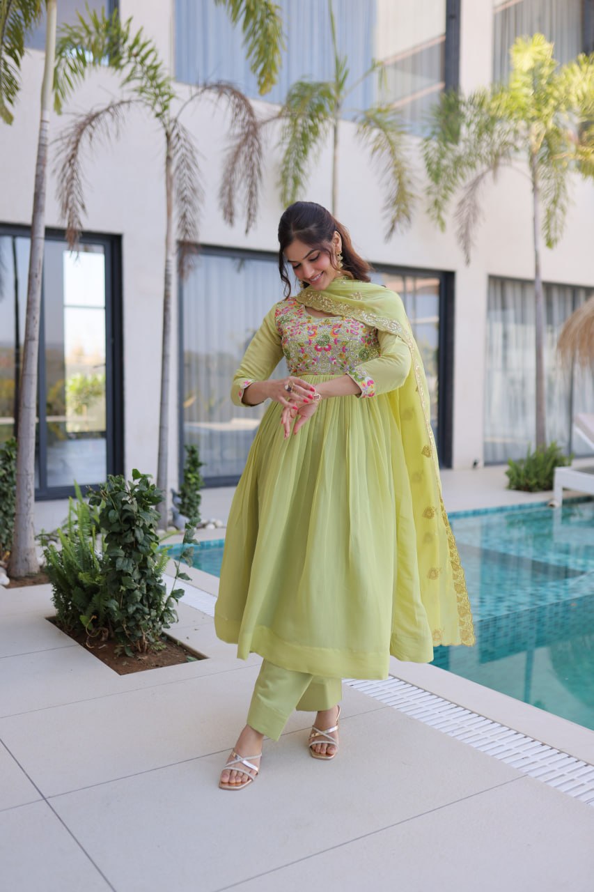 Elegant Premium Ready-to-Wear Gown Set with Pants and Dupatta - Beaded Mal Chanderi Embroidery