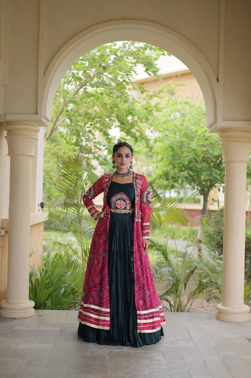 RangBhoomi Navratri 2026 Rayon Lehenga Set with Bandhani Shrug — Full-Stitched Festive Ensemble