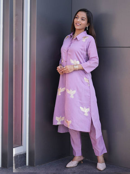 Elegant lavender Kurti Palazzo set with bird embroidery, women's fashion.