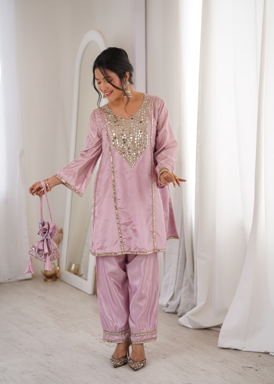 Ready-to-Wear Kurti and Pant Set with Decorative Drawstring Bag - Mirror Embroidered Collection 2026