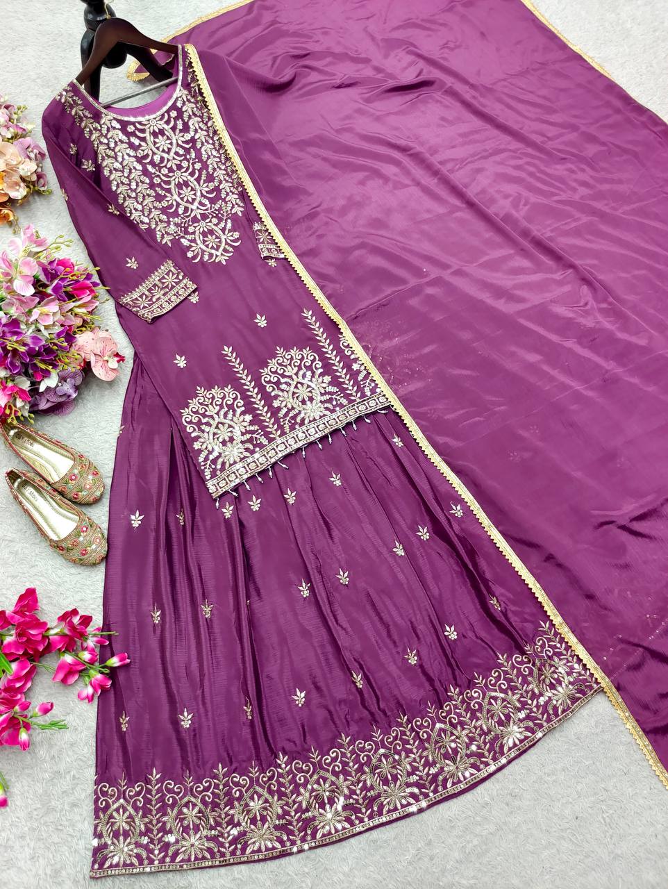 RangBhoomi Cinon Silk Embroidered Top, Lehenga & Dupatta Set - Elegant Festive Ensemble