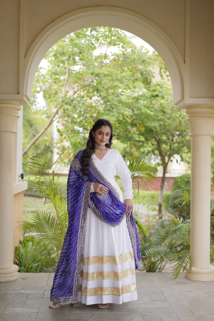 RangBhoomi Navratri Gown & Dupatta Collection 2026 – Full-Sleeve V-Neck Reyon Gown with Georgette Dupatta
