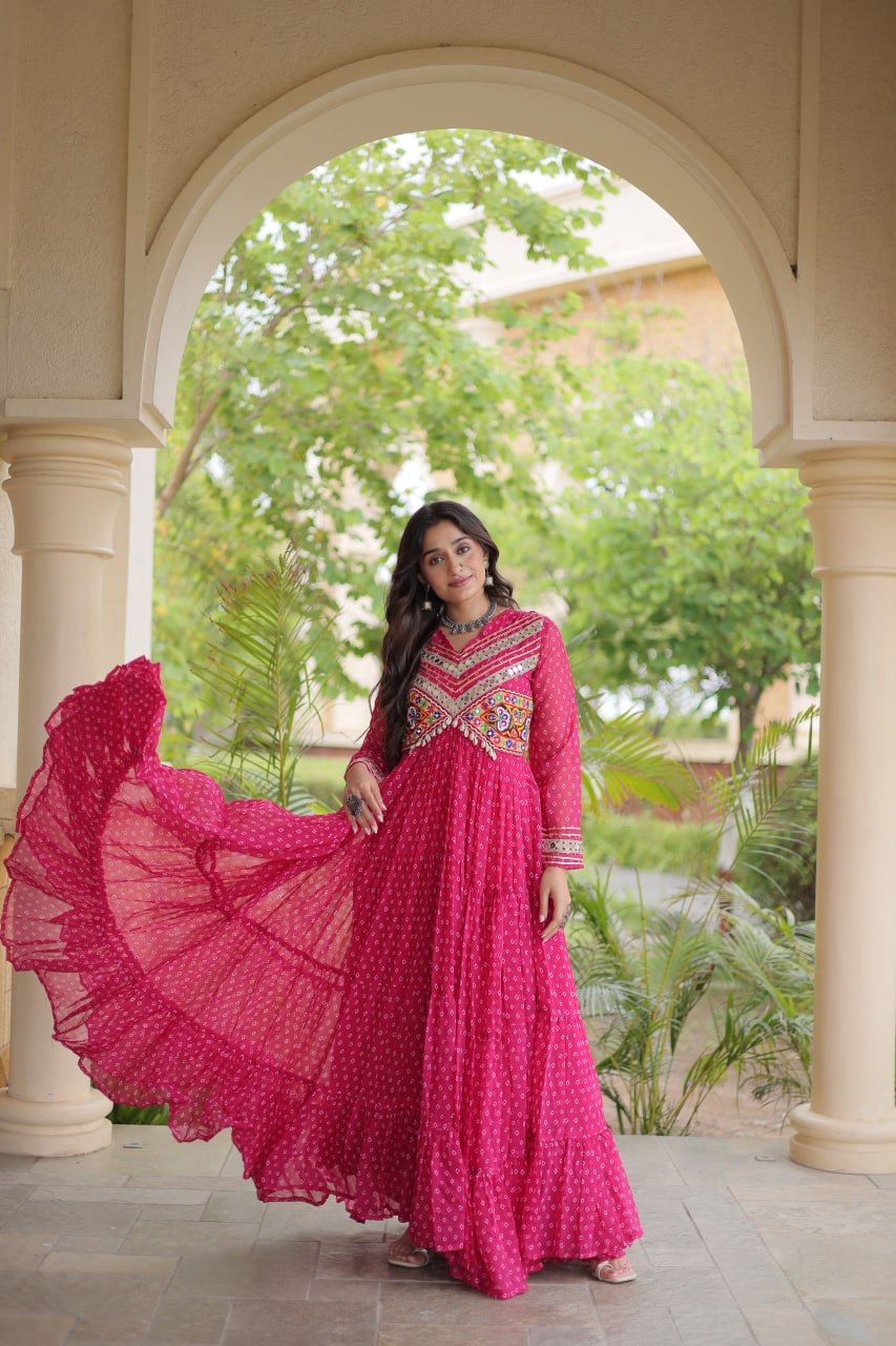 RangBhoomi Bandhani & Kutchi Patchwork Faux Georgette Gown — Navratri Special