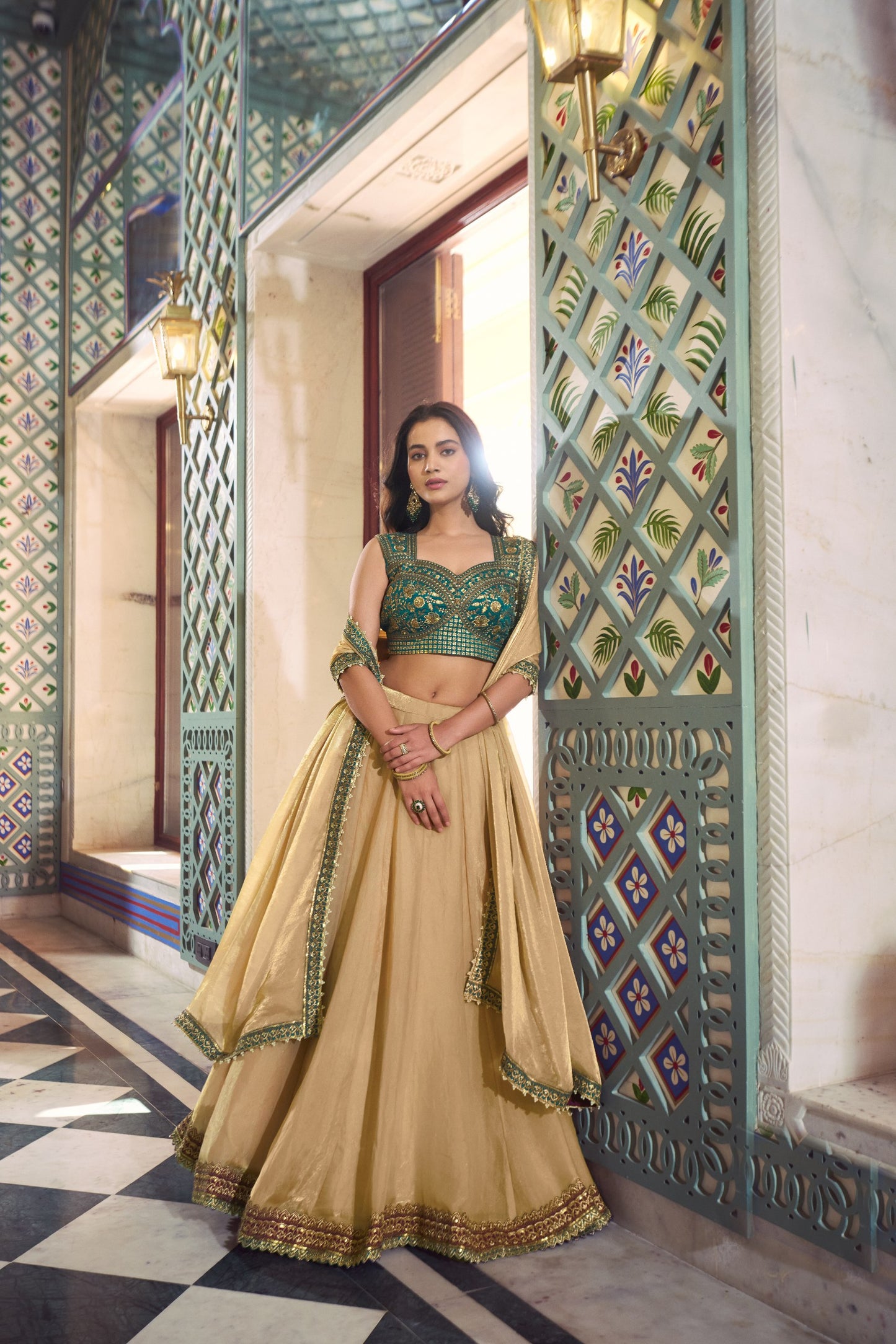 Zariya Muse Elegant Fendi Fabric Lehenga with Lace Accents and Embroidered Bengali Blouse