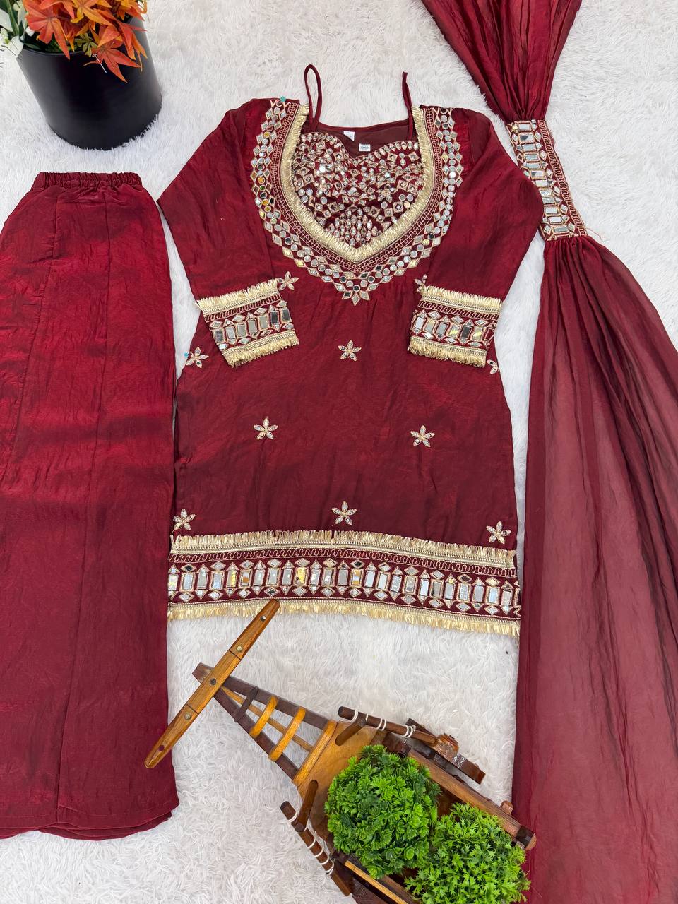 RangBhoomi Women's Fully Stitched Ethnic Wear Set with Fendy Silk and Real Mirror Work