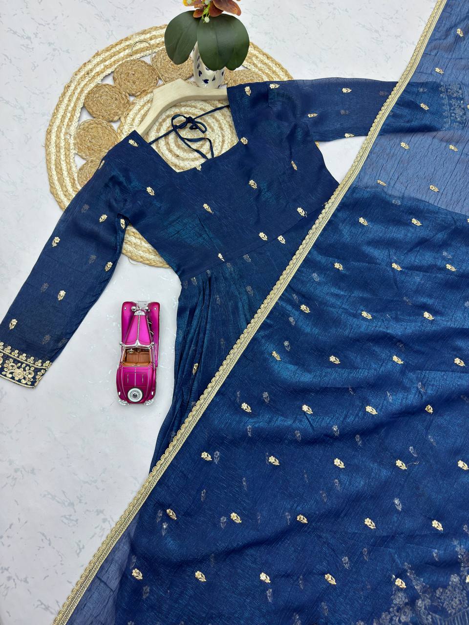 RangBhoomi Designer Embroidered Heavy Crunchy Silk Gown Set with Dupatta & Pants