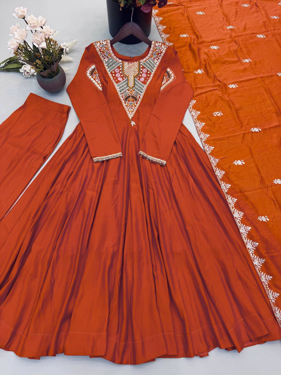 RangBhoomi Elegant Embroidered Sequence with Real Mirror Designer Anarkali Three Piece Set