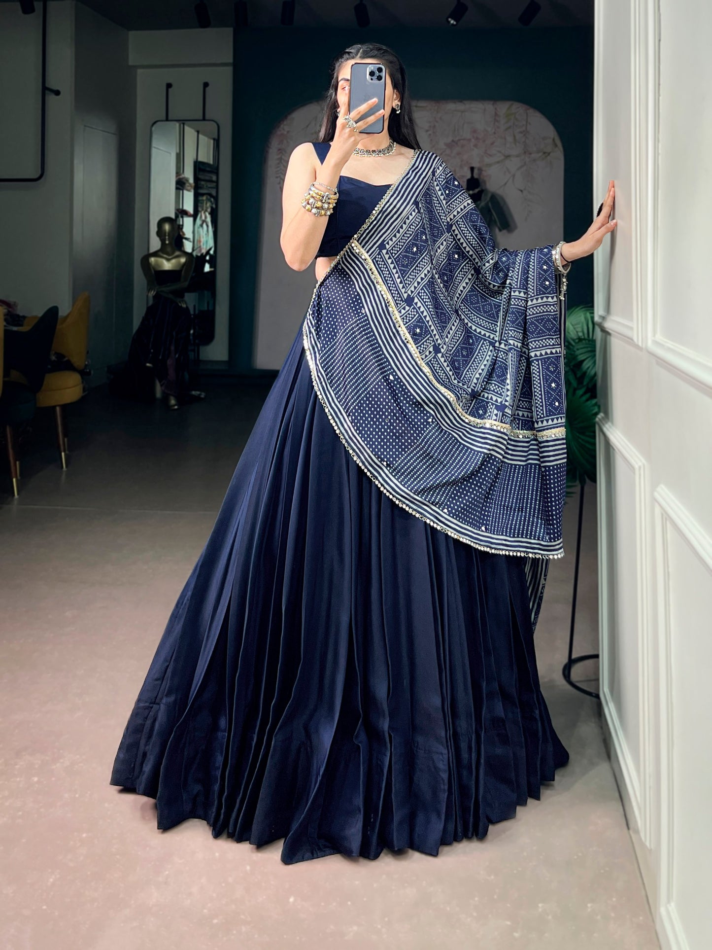 RangBhoomi Moonga Silk Navratri Lehenga Set with Printed Satin Dupatta