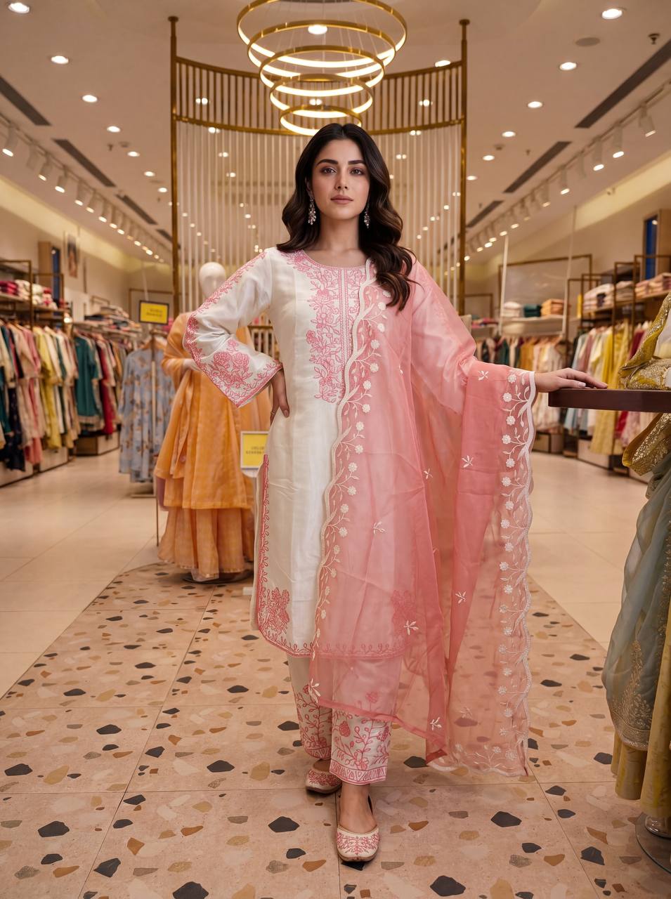 Elegant Party Wear Set Featuring Premium Roman Glass Embroidered Top with Fancy Bell Sleeves and Stylish Palazzo Pants with Dupatta