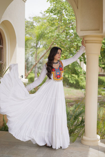 RangBhoomi Navratri Gown Collection 2026 — Wine, Rama & White Embroidered Mirror Work Gown