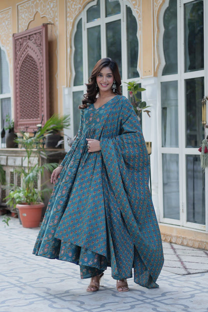 Premium Gown Set: Cotton Kurti, Pant & Dupatta