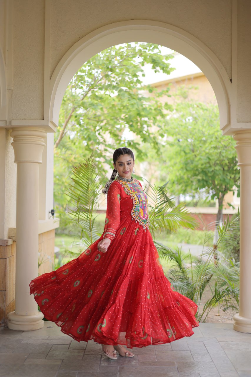 RangBhoomi Bandhani & Kutchi Patchwork Faux Georgette Gown — Navratri Collection 2026