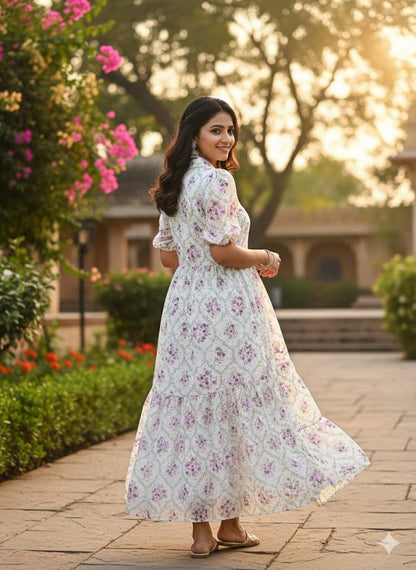 Flowing lavender floral maxi dress with a tiered skirt, vacation style.